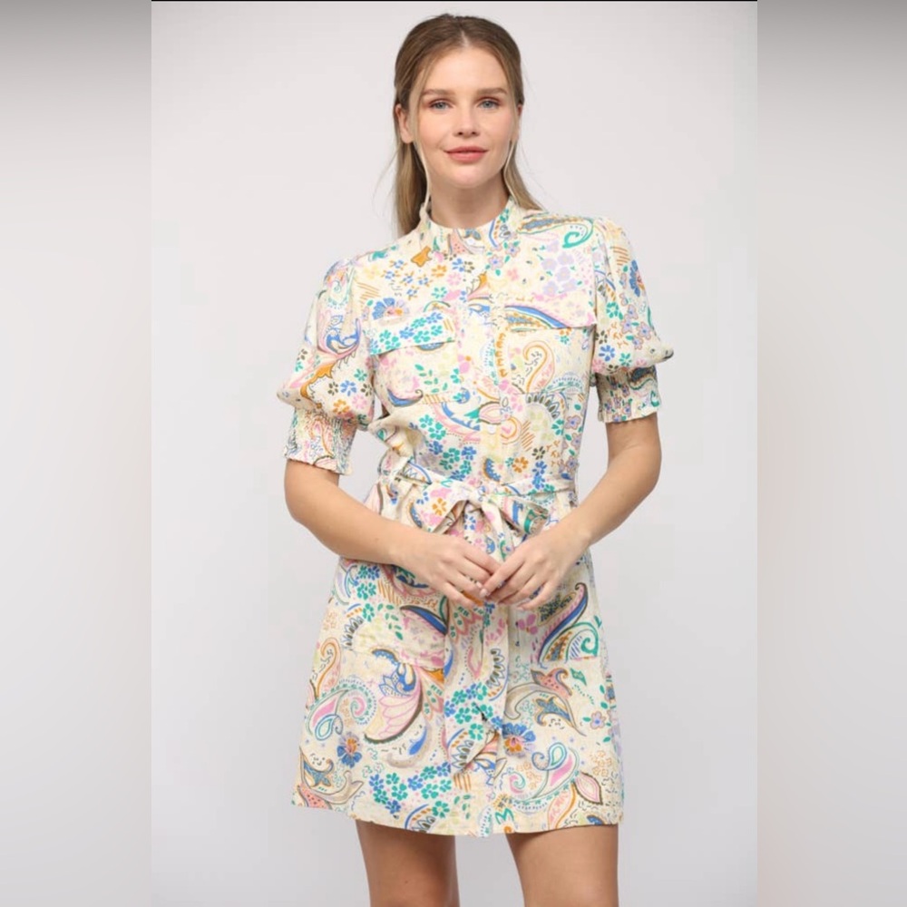 NWT Boutique Liana Floral Linen Blend Mini Shirt Dress